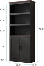 MHOM 71" Tall Bookshelf with Doors, 5 Tiers Farmhouse Bookcase with Adjustable Shelves, Wooden Rustic Display Cabinet for Home Office, Living Room, Black