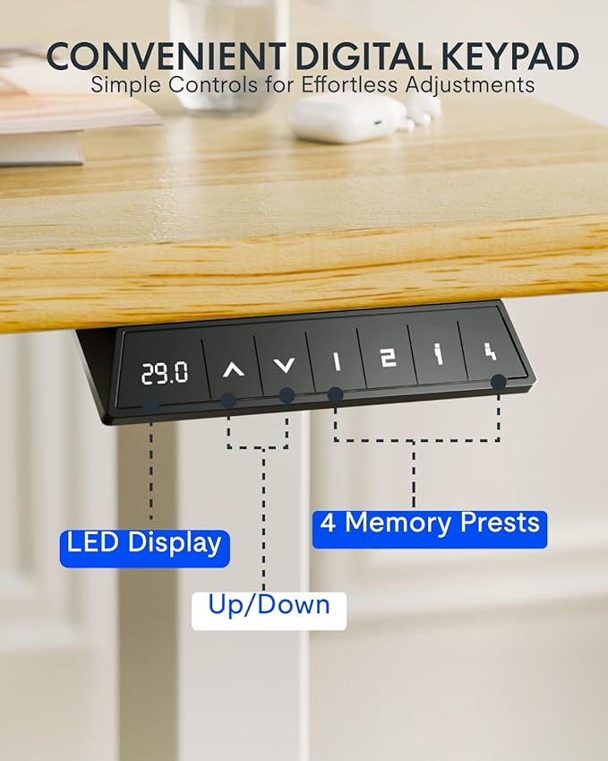 FLEXISPOT EN1 One-Piece Solid Wooden Standing Desk 55 x 24 Inches Height Adjustable Electric Sit Stand Home Office Desks (White Frame + Rubber Wood Top, 2 Packages)