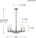 Possini Euro Design Nyack 25" Modern Pendant Chandelier Ceiling Light Fixture Dining Room Over Table Kitchen Island Foyer Open Frame Hanging 5-Light Black Gold Finish White Glass Hallway Entryway