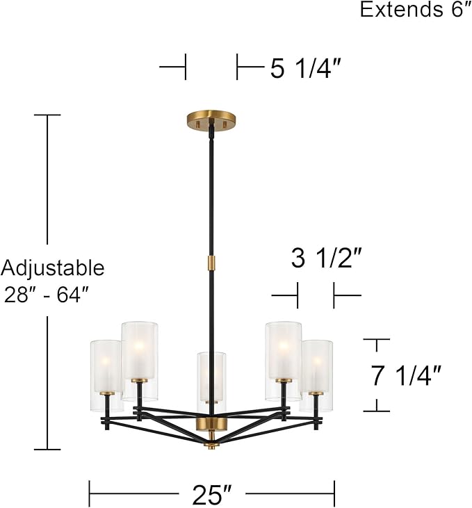 Possini Euro Design Nyack 25" Modern Pendant Chandelier Ceiling Light Fixture Dining Room Over Table Kitchen Island Foyer Open Frame Hanging 5-Light Black Gold Finish White Glass Hallway Entryway