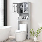 BestComfort Wooden Over The Toilet Storage Cabinet, Home Bathroom Space Saver, Double Doors, Adjustable Shelf Organizer, Open Storage Shelf, Freestanding Toilet Storage Rack Unit (Gray), Grey