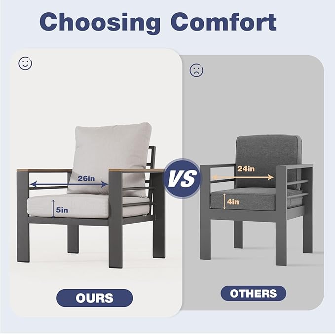 Aoxun Aluminum Patio Furniture Set 5 Seats, Oversized Outdoor Sectional with Washable Thick Cushions, Coffee Table, Patio Conversation Sets for Porch, Balcony, Deck