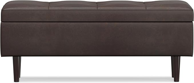 SIMPLIHOME Shay 48 inch Wide Mid Century Modern Rectangular Storage Ottoman in Distressed Chestnut Brown Vegan Faux Leather, Assembled, For the Living Room, Entryway and Family Room