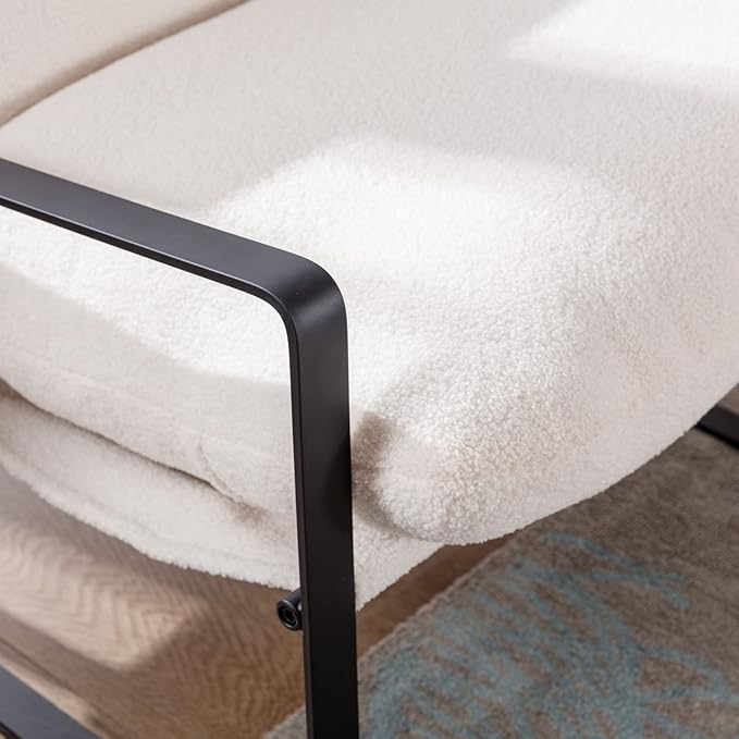 Mid-Century Accent Chair Set of 2, Comfy Sherpa Fabric Side Chair with Armrest, Upholstered Leisure Chair with Black Metal Frame for Living Room Bedroom Reception Room, White