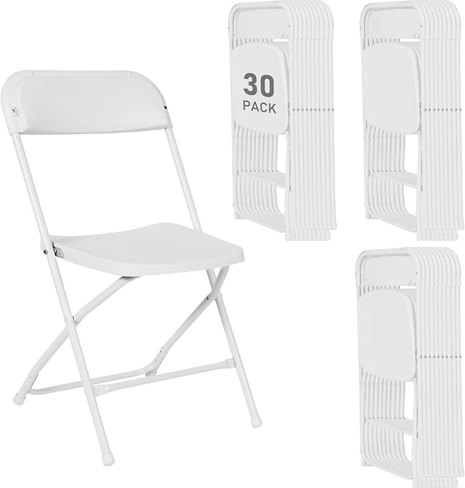30 Pack White Plastic Folding Chairs, Portable Stackable Commercial Party Folding Chairs with Steel Frame 350lbs for Home Office Outdoor Indoor Office Wedding Party Events