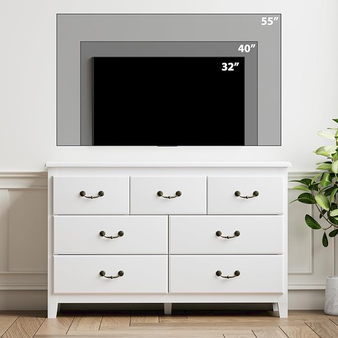 White Dresser for Bedroom, Modern 7 Drawer Double Dresser with Vintage Gold Antique Handles, Chest of Drawers for Bedroom, Antique White