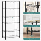 SONGMICS 6-Tier Storage Shelves, Wire Shelving Unit, Kitchen Metal Shelves, Storage Rack with Adjustable Shelves, Shelf Liners, 8 Hooks, for Garage, 11.4 x 23.2 x 63 Inches, Black ULGR066B01