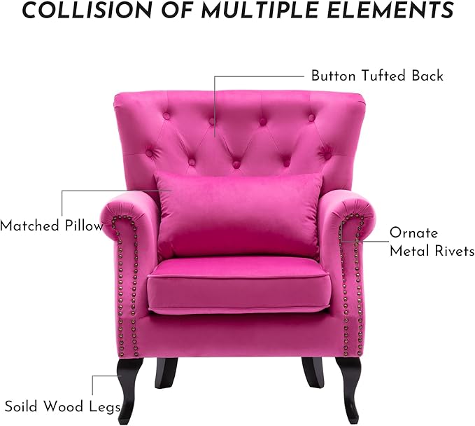Accent Reading Arm Chairs Set of 2 for Living Room Bedroom, Midcentury Modern Comfy Corner Sofa Chair, Wingback Waiting Room Club Chair with Button Tufted Back &Lumbar Pillow, Velvet Rose