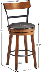 COSTWAY Bar Stools Set of 2, 360-Degree Swivel Stools with Leather Padded Seat, Single Slat Ladder Back & Solid Rubber Wood Legs, Counter Height Stools for Pub, Restaurant, Kitchen, Brown (2, 25.5)