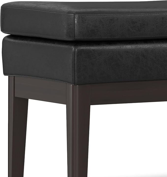 SIMPLIHOME Carlson 45-inch Wide Vegan Faux Leather Ottoman Bench in Distressed Black with Solid Wood Frame for Living Room, Entryway, or Bedroom