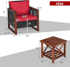 COSTWAY 3 Pieces Wicker Patio Furniture Set, Outdoor Wicker Sofa with Acacia Wood Frame, Coffee Table & Washable Cushions, Rattan Conversation Sets for Yard, Porch, Bistro, Balcony, Backyard, Red