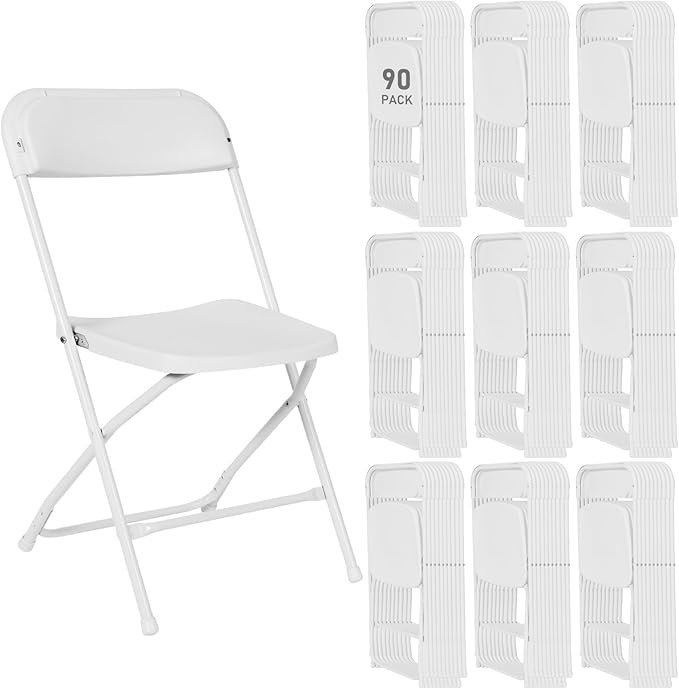 90 Pack Plastic White Folding Chairs, Portable Stackable Commercial Party Folding Chairs with Steel Frame 350lbs for Home Office Outdoor Indoor Office Wedding Party Event