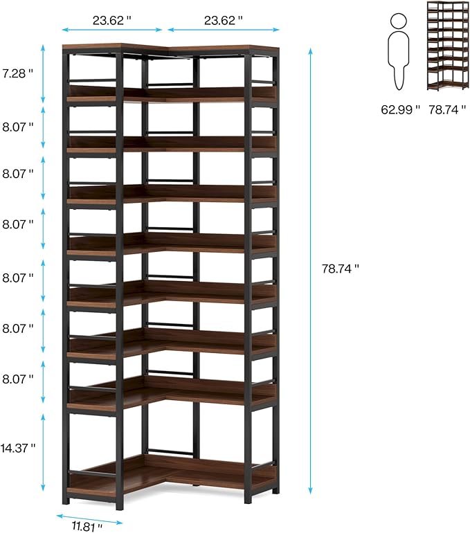 Tribesigns 9 Tiers Corner Shoe Rack, Tall Vertical Shoe Rack Organizer, Free Standing Large Shoe Storage Shelf for Entryway Hallway Closet, Space Saving, Rustic Brown