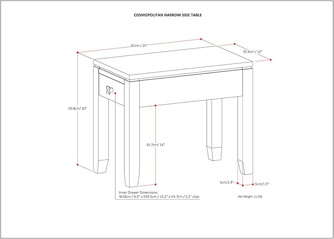 SIMPLIHOME Cosmopolitan SOLID WOOD 14 Inch Wide Rectangle Contemporary Narrow Side Table in Mahogany Brown, For the Living Room and Bedroom
