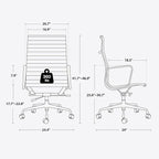 Ribbed Office Chair with Top Grain Leather - High Back Ergonomic Desk Chair with Aluminum Arms & Frame, Swivel Wheels & Tilt Function, Adjustable Height