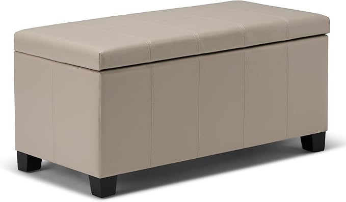SIMPLIHOME Dover 36 inch Wide Contemporary Rectangle Storage Ottoman Bench in Satin Cream Vegan Faux Leather, Assembled, For the Living Room, Entryway and Family Room