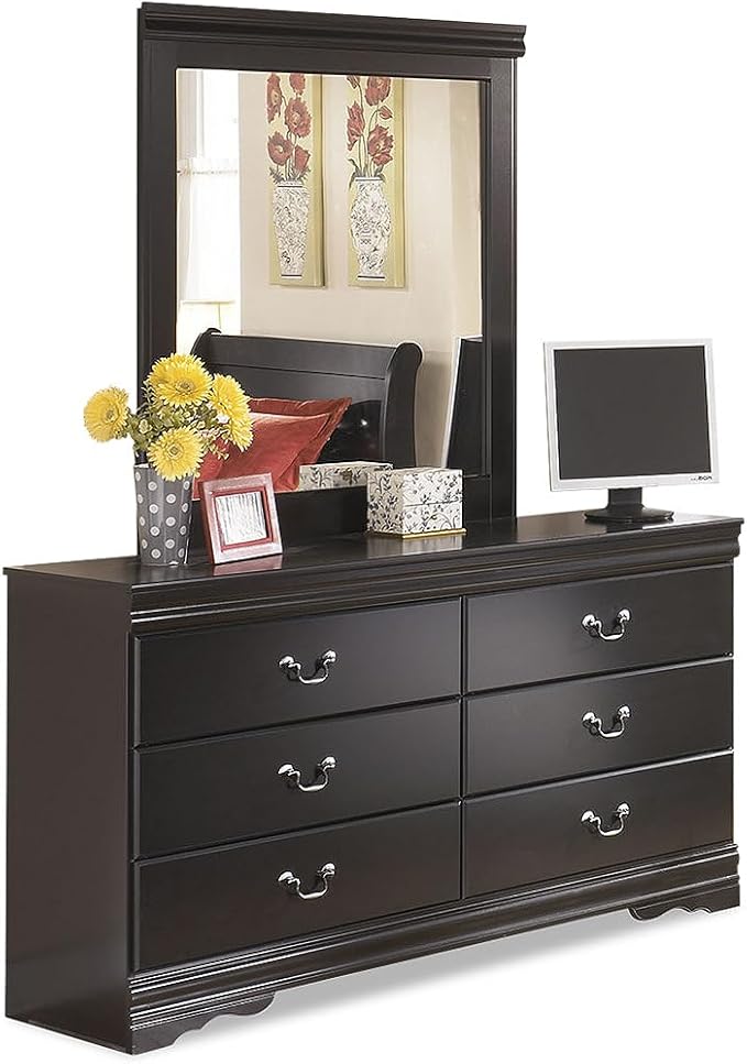 Signature Design by Ashley Huey Vineyard Traditional 6-Drawer Dresser and Mirror with Safety Stop, Black