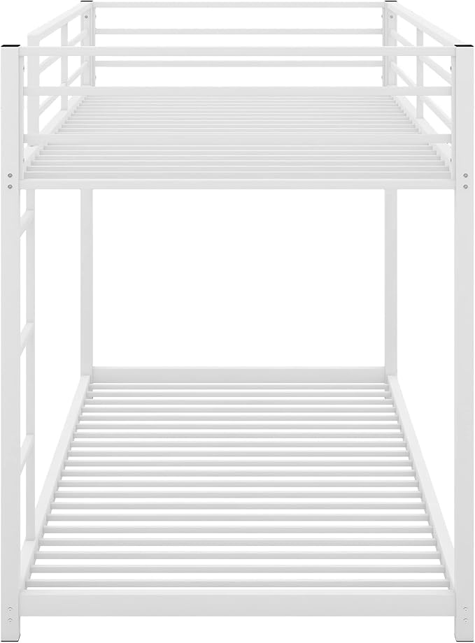Twin Over Twin Metal Bunk Bed with Full-Length Guardrail,Low Bed Frame W/Ladder, Steel,No Noise,Bedroom Furniture for Children,Teens Adults,White