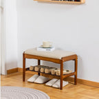 latifolia Small Shoe Bench, Solid Wood Bench with Cushion, 2 Tier Shoe Storage Organizer for Entryway(Walnut,23.62''L)