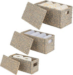 mDesign Woven Water Hyacinth Rectangle Storage Organizer Basket Bin with Topper Lid and Handles - Natural Farmhouse Holder Containers for Closet, Bedroom, Bathroom, Office - Set of 3 - Gray