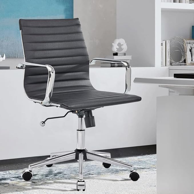 Modern Black Office Chair Computer Desk Chairs Conference Leather Home Office Dsek Chair Mid Back Swivel Chairs with Arms (Black)…