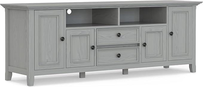 SIMPLIHOME Amherst 72-inch Wide Solid Wood TV Stand in Fog Grey, Transitional-Style Media Console for Living Room with Cable Management and Adjustable Shelves, Fits 80" TVs