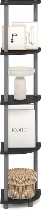 Furinno Turn-N-Tube Corner Shelf, 5-Tier Corner Bookshelf, Open Storage Shelves, for Organization and Storage, Living Room, Home Office, Garage, Bedroom, Plain Black