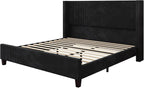 HOWE California King Size Upholstered Bed Frame, Wingback Platform Bed with 50.8" Headboard, Corduroy/Solid Wood Leg/No Box Spring Needed/Noise Free/Black