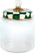 MACKENZIE-CHILDS Large Kitchen Canister, Decorative Glass Storage Jar with Lid, Green-and-White Emerald Check