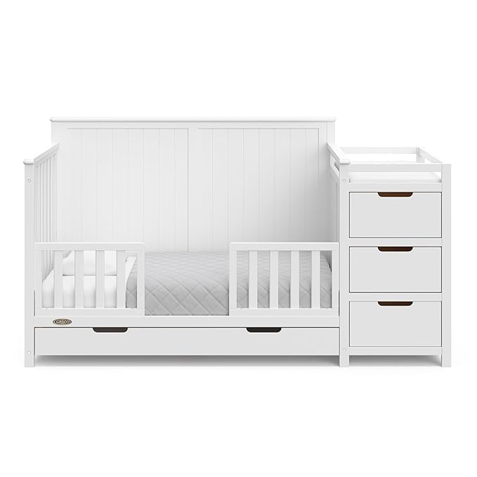 Graco Hadley 5-in-1 Convertible Crib & Changer (White) – GREENGUARD Gold Certified, Fits Standard Crib Mattress, Converts to Toddler Bed and Full Bed, 4 Adjustable Mattress Heights