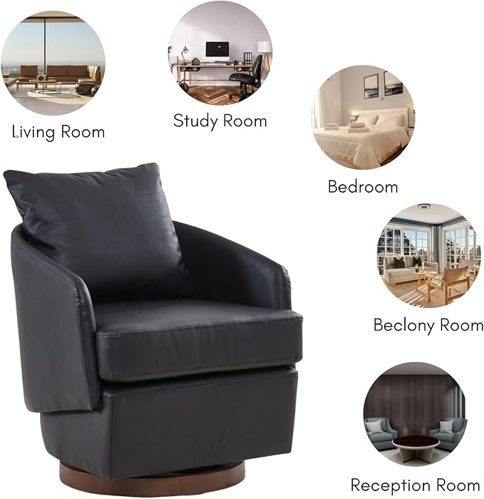 CIMOTA PU Leather Swivel Accent Chair, Modern Barrel Armchair with 360° Swivel Base and Pillow, Upholstered Club Chair for Living Room/Reading/Office, Black