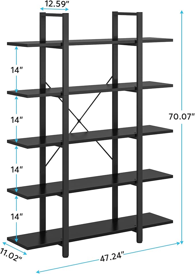 Tribesigns 5-Tier Bookshelf, Vintage Industrial Style Bookcase 72 H x 12 W x 47L Inches, Black