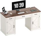 ONBRILL 59 inch Farmhouse Executive Desk with Drawers, Home Office Desk with File Cabinet, Outlets, Storage Cabinet, Keyboard Tray, Wood Computer Desk for Work Study Writing (Off White & Walnut)