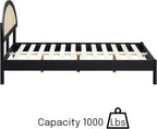 NTC Gem Wooden Bed Frame with Headboard and Natural Rattan, Solid Oak Foundation with Silent Slats, 1000 Lb Capacity, Effortless Assembly, Queen - Burnt Black