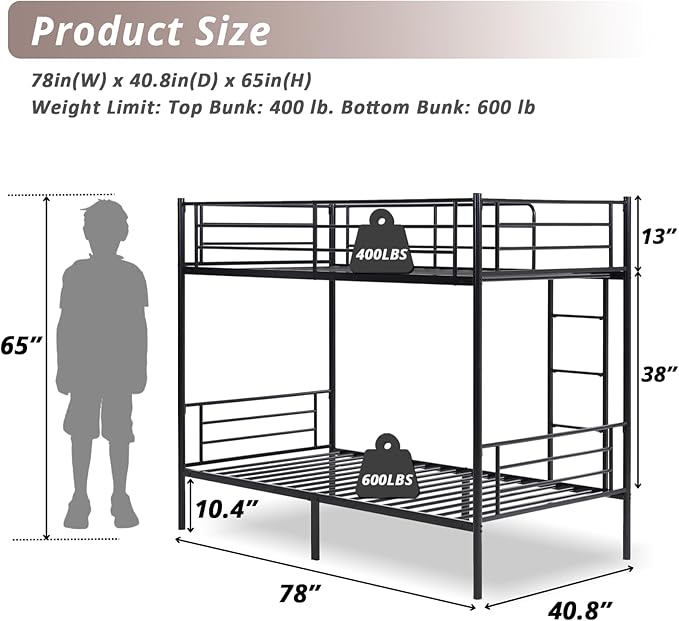 Karl home Black Bunk Bed Twin Over Twin, Metal Bunk Bed with Built-in Ladder and Safety Guardrail, Space-Saving Twin Bunk Beds for Kids, Teens & Adults, No Box Spring