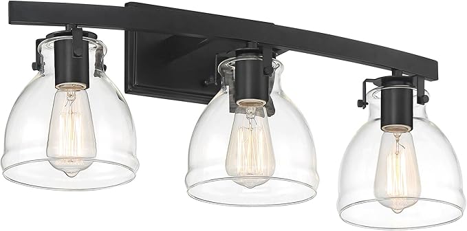 Possini Euro Design Bellis Modern Industrial Wall Light Black Hardwired 22 3/4" 3-Light Fixture Clear Curving Glass Shade for Bedroom Bathroom Vanity Living Room Home Hallway Dining Kitchen House