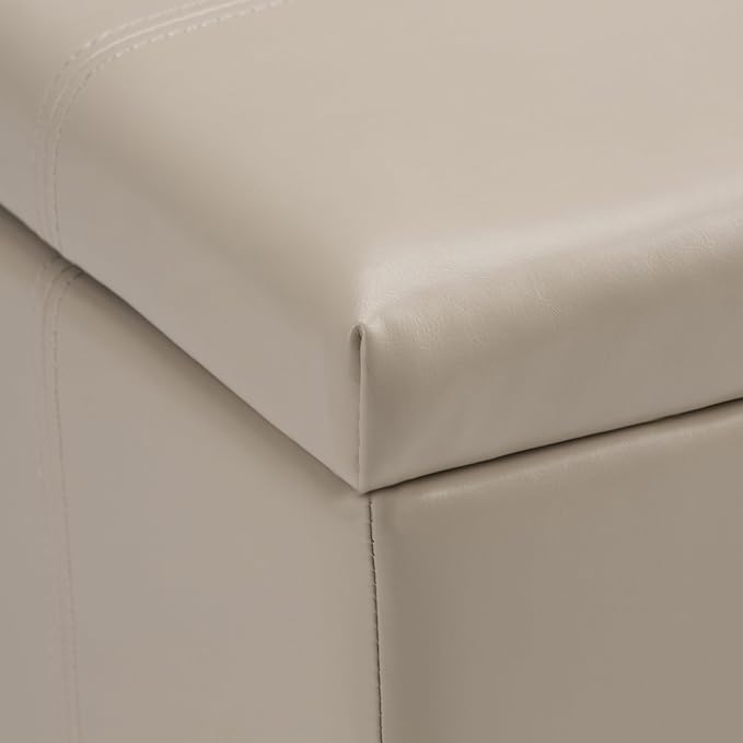 SIMPLIHOME Dover 36 inch Wide Contemporary Rectangle Storage Ottoman Bench in Satin Cream Vegan Faux Leather, Assembled, For the Living Room, Entryway and Family Room