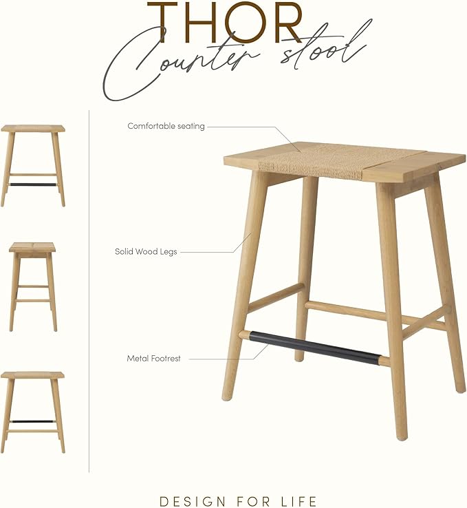 Thor Wicker Premium Solid Wood Counter Stool 24", Backless Counter Height Seating with Hand-Knitted Rope, Eco-Friendly Modern Design (Light Oak)