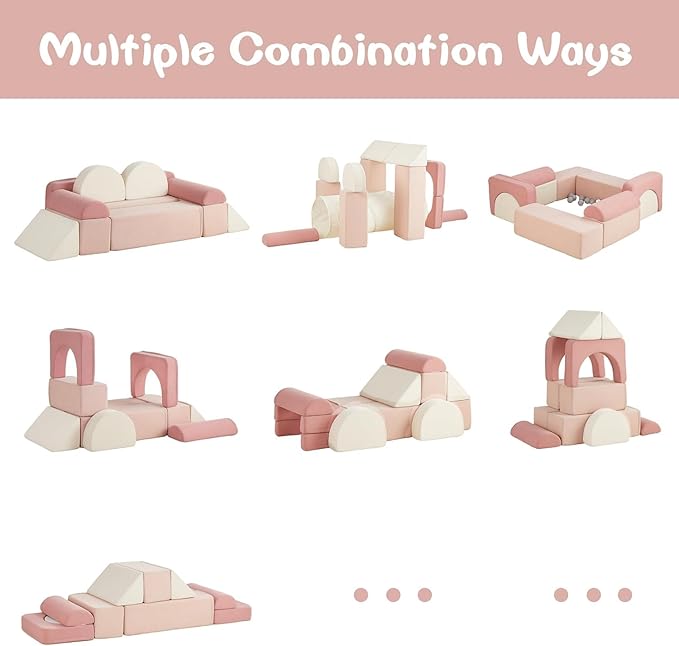 Asweets Kids Play Couch with Tunnel and Balls, Play Couch for Toddlers, Kids Foam Convertible Play Building Fort for Christmas and New Year, Pink