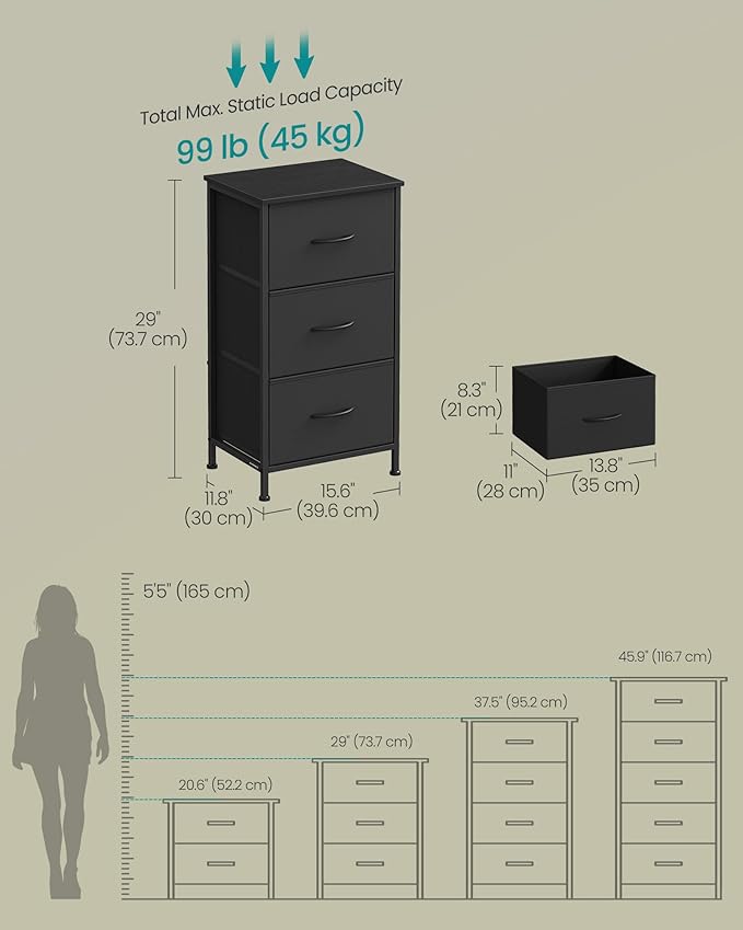 SONGMICS Dresser for Bedroom, Chest of Drawers, Steel, MDF, 3 Non-Woven Fabric Drawers, Storage Organizer Unit, Closet, Entryway, Ink Black and Ebony Black ULGS313B01S