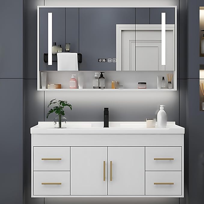 44IN Modern Bathroom Vanity - LED Intelligent Mirror Cabinet Includes Time Display & Defogging | Bathroom Cabinet with Sink & Open Storage Compartments, Ceramic Washbasin, 4 Drawers (Style A)