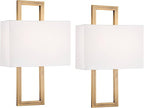 Possini Euro Design Modena Modern Wall Light Sconces Set of 2 French Brass Gold Hardwired 9 1/2" Fixture Off-White Faux Silk Half Shade for Bedroom Bathroom Vanity Living Room Home Hallway Dining