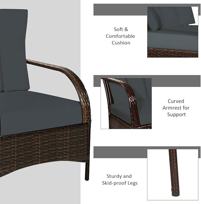 COSTWAY 3 Pieces Patio Rattan Furniture Set, Outdoor Conversation Chair Set with Coffee Table & 2 Cushions for Backyard, Porch, Poolside, Lawn, Garden, Grey