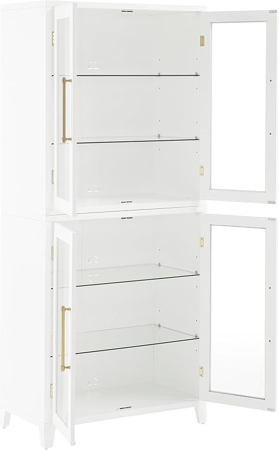 Crosley Furniture Roarke Glass Door Kitchen Pantry Storage Cabinet with Doors and Shelves, Living Room, White
