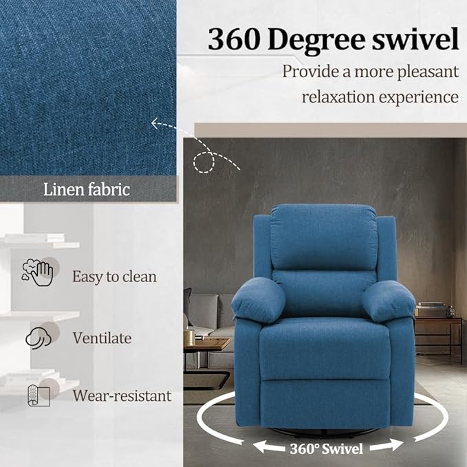 Recliner Chair, 360 Swivel Rocker Chair for Adults, Small Rocking Recliner Chair for Small Spaces, Upholstered Fabric Glider Recliner Nursery Chair with Side Pockets for Living Room, Nursery