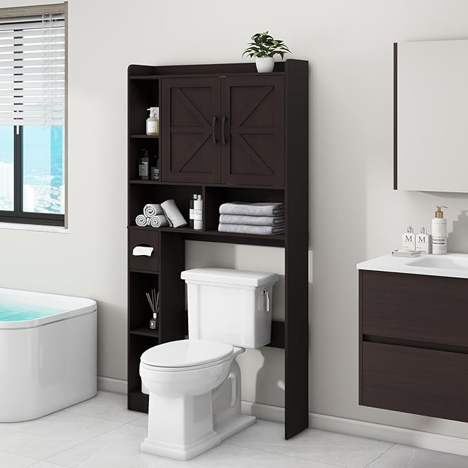 Vabches Over The Toilet Storage Cabinet, Farmhouse Storage Cabinet Over Toilet with 2 Barn Door & Toilet Paper Holder Stand，Home Space-Saving Toilet Rack, for Bathroom, Restroom, Laundry