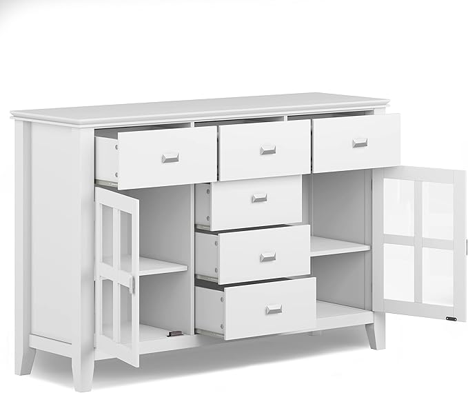 SIMPLIHOME Artisan Buffet - 54 inch Wide Solid Wood 3-Door Sideboard Buffet in White, Contemporary Storage Cabinet for Dining Room or Kitchen with Adjustable Shelves and Bronze Hardware