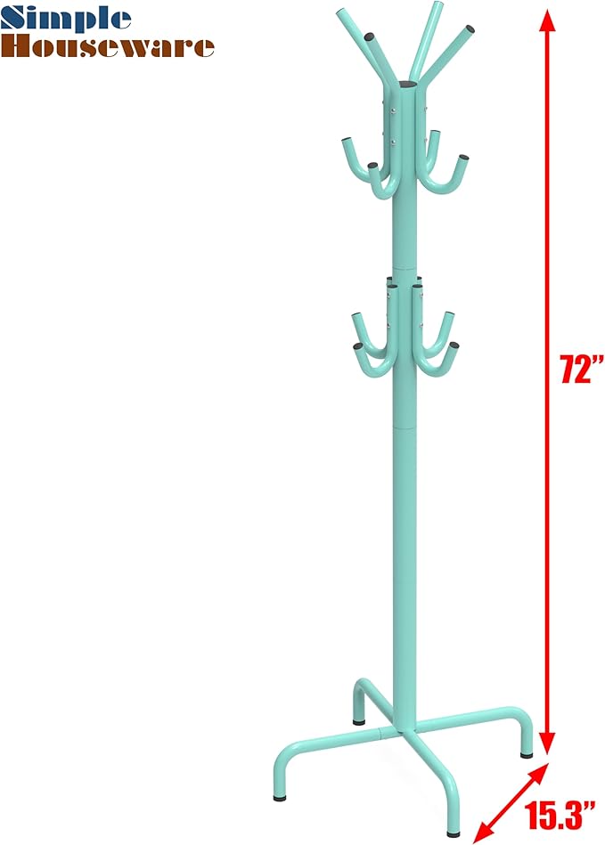 Simple Houseware Standing Coat and Hat Hanger Organizer Rack, 12 Hooks, Turquoise