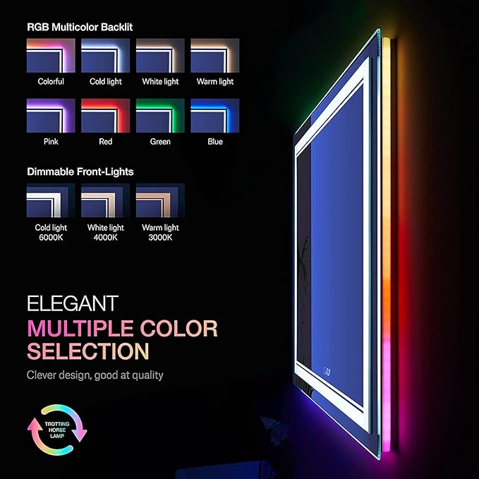 72x36 inch LED Bathroom Mirror with Lights Backlit RGB Color Changing Lighted Mirror for Bathroom Wall Dimmable Anti-Fog Led Mirror (RGB Multicolor Backlit + Adjustable Front-Lighted)