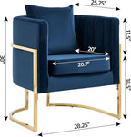 Velvet Modern Accent Chair, Upholstered Barrel Armchair Mid Century with Pillow for Living Room, Comfy Single Vanity Chair with Metal Gold Legs for Bedroom, Blue